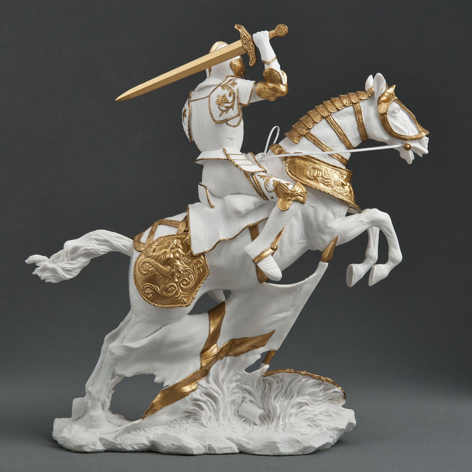 Medieval Knight Statue Cavalry Charge Figurine White Gold Gothic Decor Warrior Sculpture Fantasy Collectible Gift