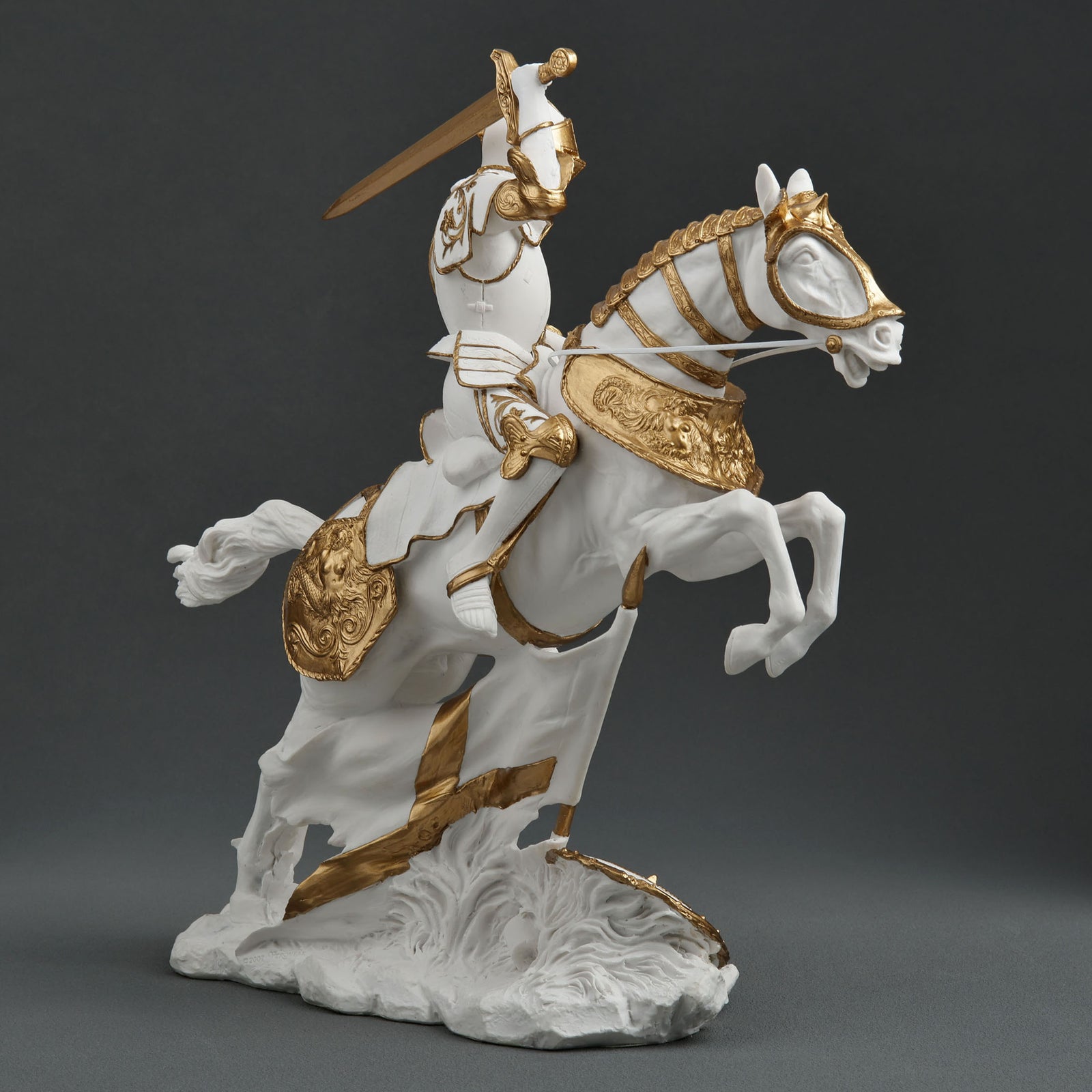 Medieval Knight Statue Cavalry Charge Figurine White Gold Gothic Decor Warrior Sculpture Fantasy Collectible Gift