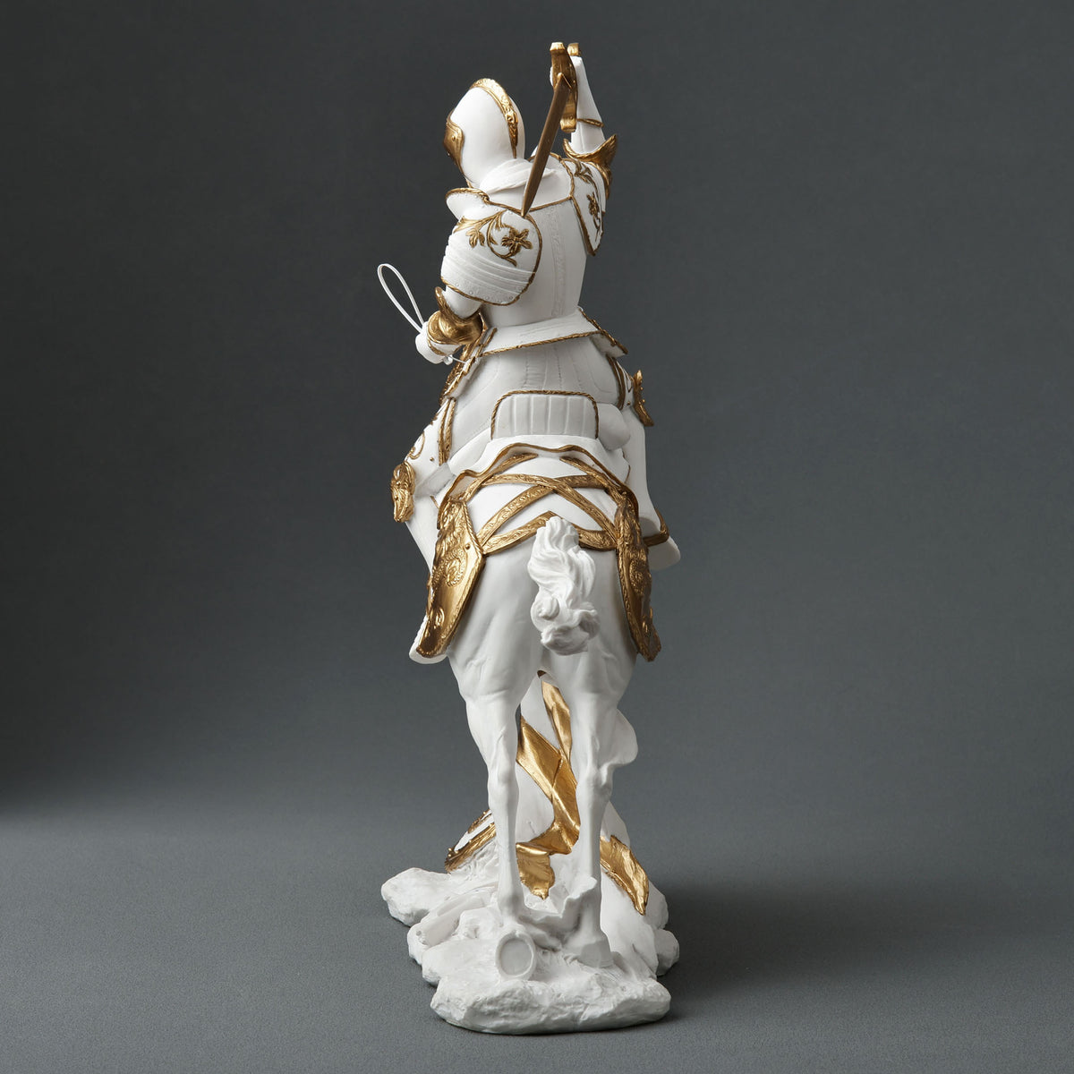 Medieval Knight Statue Cavalry Charge Figurine White Gold Gothic Decor Warrior Sculpture Fantasy Collectible Gift