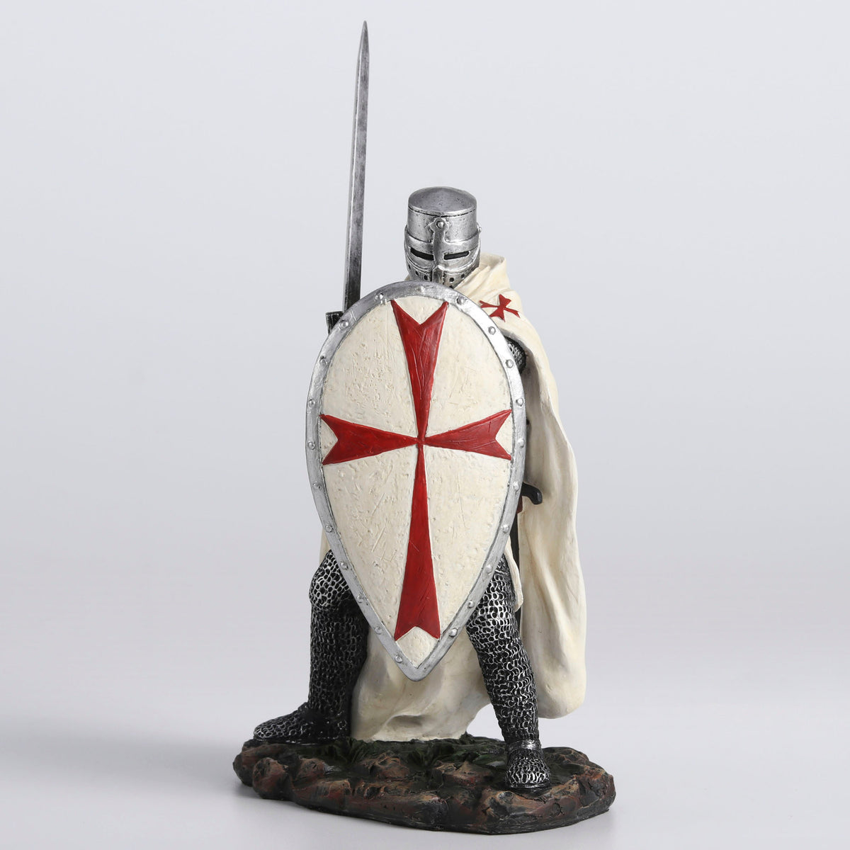 Knights Templar Crusader Statue Sword & Shield - Medieval Warrior Figurine Gothic in White with Red Cross
