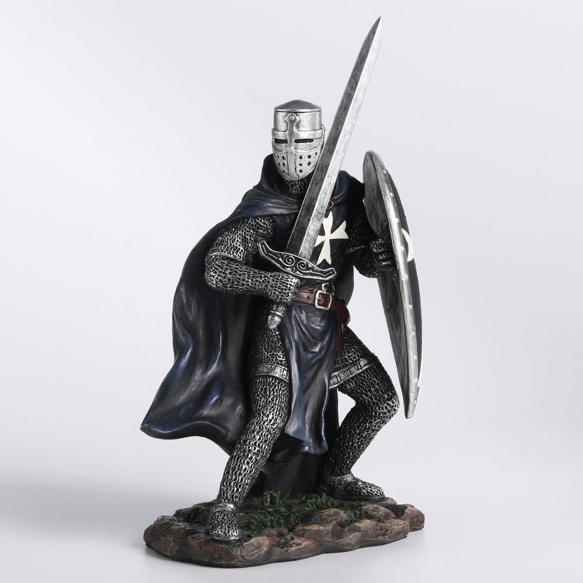 Knights Hospitaller Sword & Shield Statue - Medieval Templar Warrior in Black
