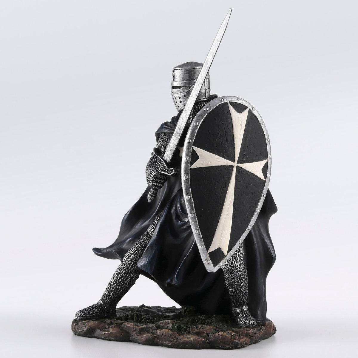 Knights Hospitaller Sword & Shield Statue - Medieval Templar Warrior in Black