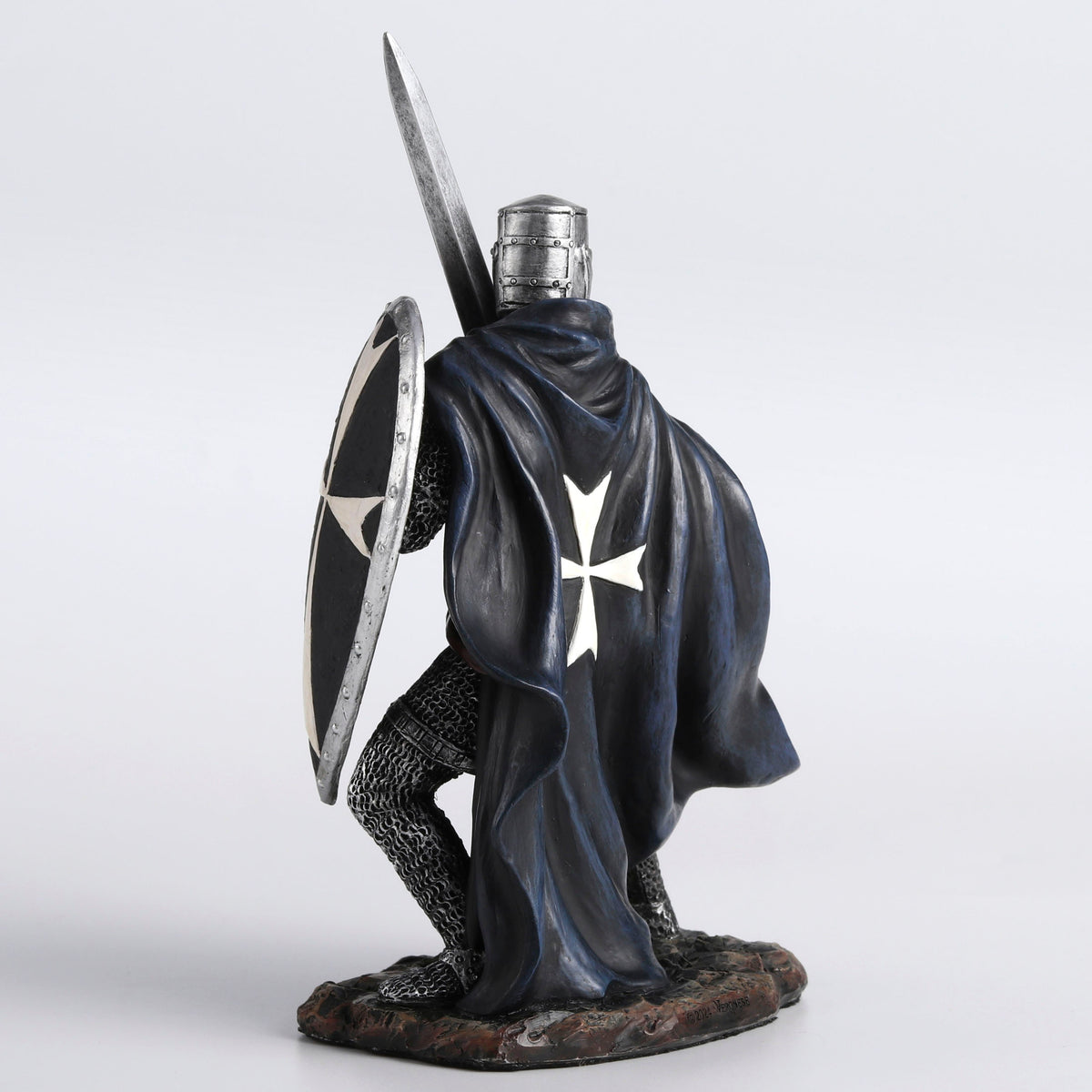 Knights Hospitaller Sword & Shield Statue - Medieval Templar Warrior in Black