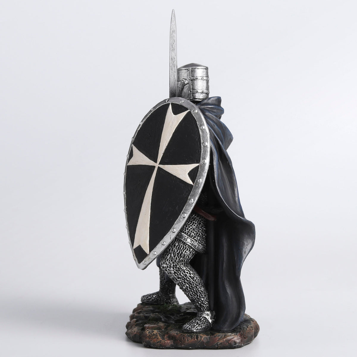Knights Hospitaller Sword & Shield Statue - Medieval Templar Warrior in Black