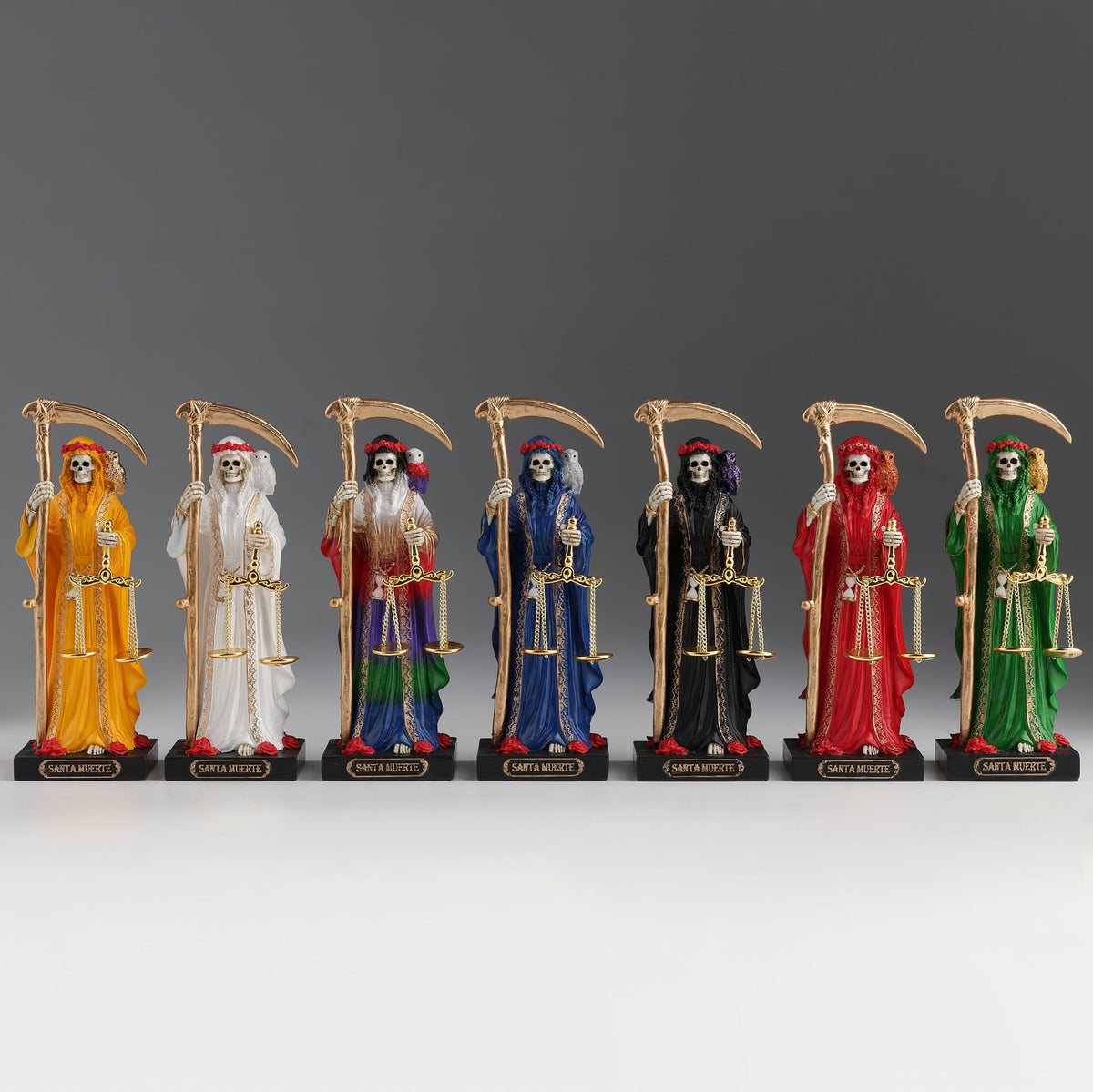 Seven Color Santa Muerte Statue Set | Folk Saint of Life, Death & Transformation