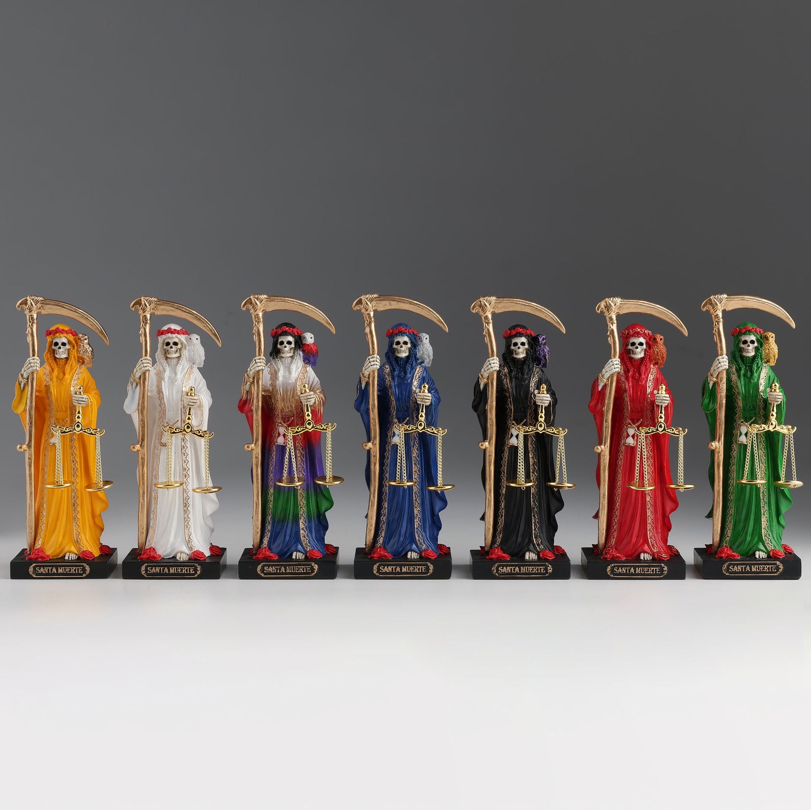 Seven Color Santa Muerte Statue Set | Folk Saint of Life, Death & Transformation
