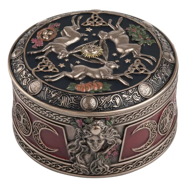 Celestial Abundance Triple Moon Hares Round Trinket Box