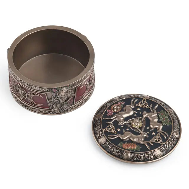 Celestial Abundance Triple Moon Hares Round Trinket Box