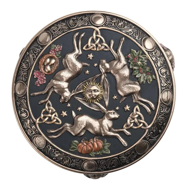 Celestial Abundance Triple Moon Hares Round Trinket Box
