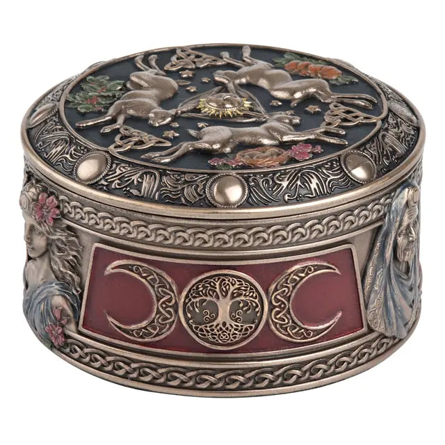 Celestial Abundance Triple Moon Hares Round Trinket Box