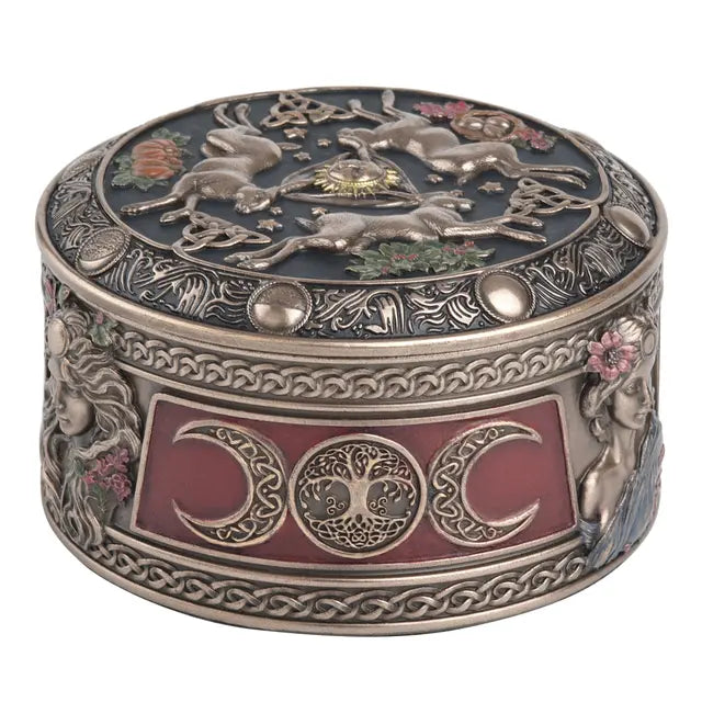 Celestial Abundance Triple Moon Hares Round Trinket Box