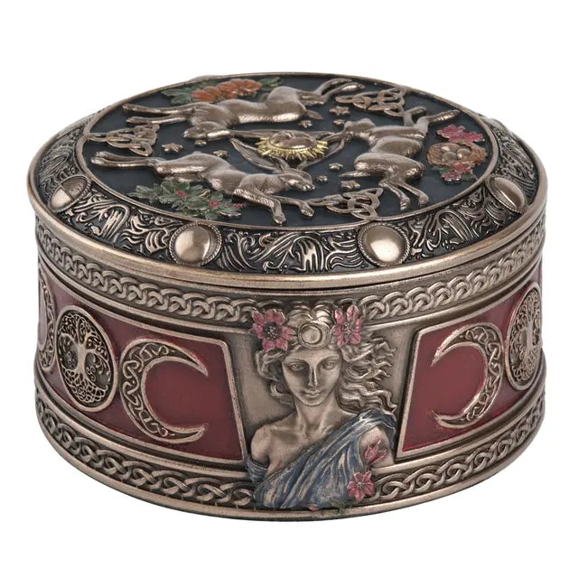 Celestial Abundance Triple Moon Hares Round Trinket Box