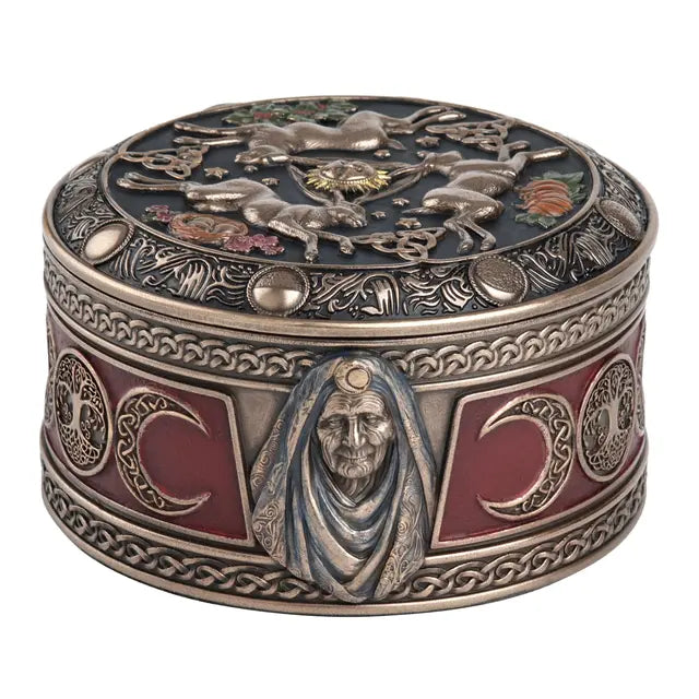 Celestial Abundance Triple Moon Hares Round Trinket Box
