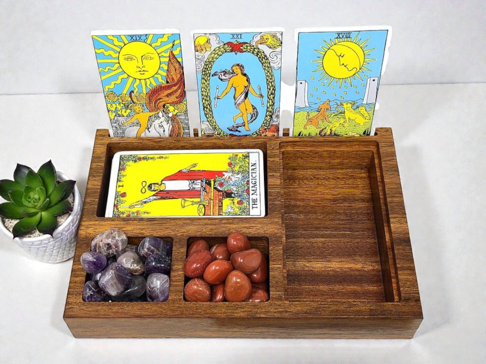 Wooden Altar & Tarot Storage Tray – Sectioned Organizer with Card