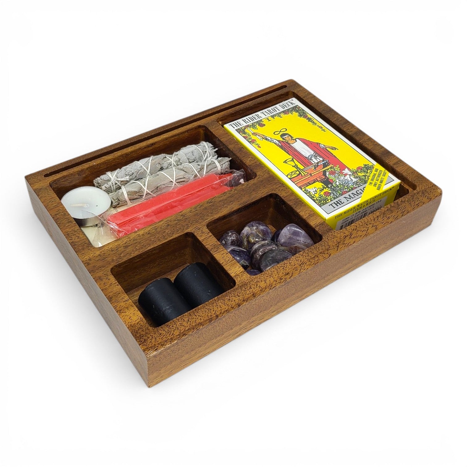 Wooden Altar & Tarot Storage Tray – Sectioned Organizer with Card