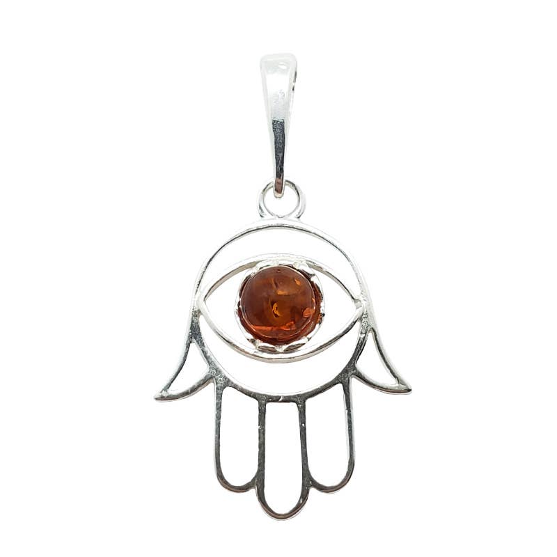 Hamsa Evil Eye Protection Amber Sterling Silver Pendant