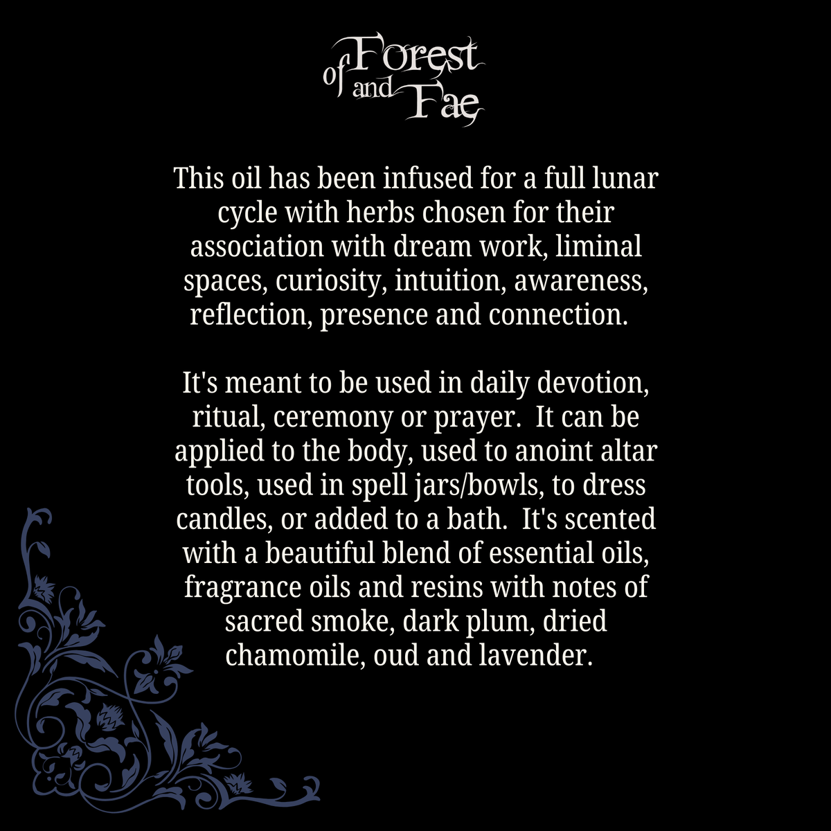 Forest and Fae text card on The Oracle oil's herbs, uses and scent notes of plum, chamomile and lavender