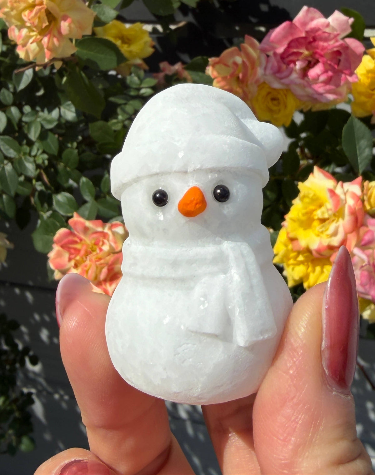Natural Snow Quartz Snowman Carving with Obsidian Eyes
