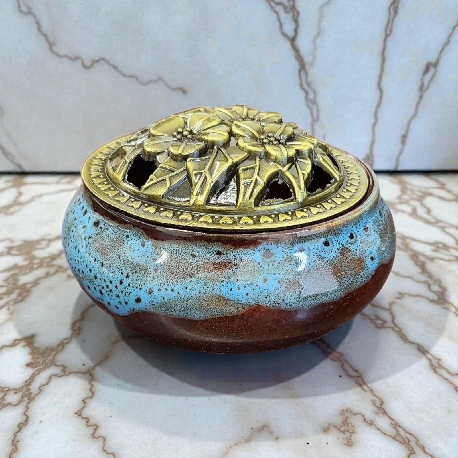 Ocean Design Ceramic Incense Burner Bowl with Lid – 3.75" Charcoal Burner