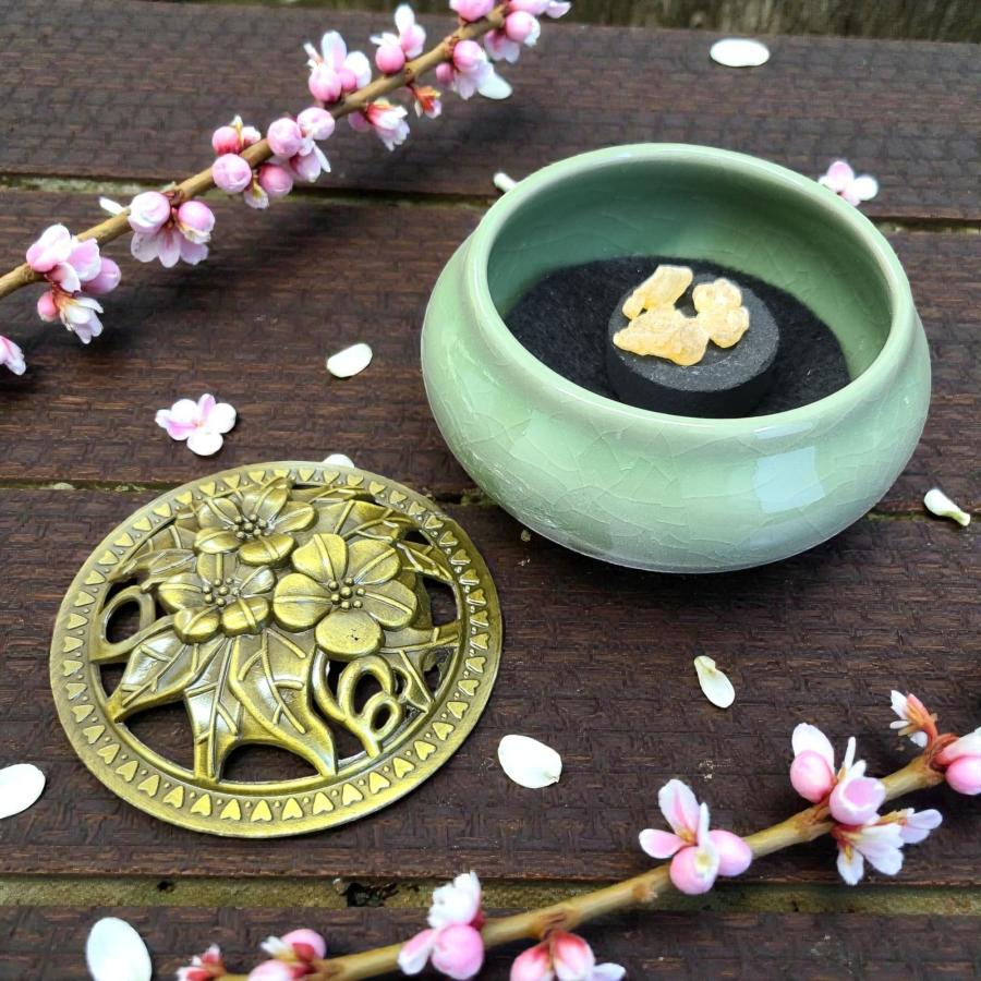 Mint Green Ceramic Incense Burner Bowl with Floral Lid – 3.75" Charcoal Burner