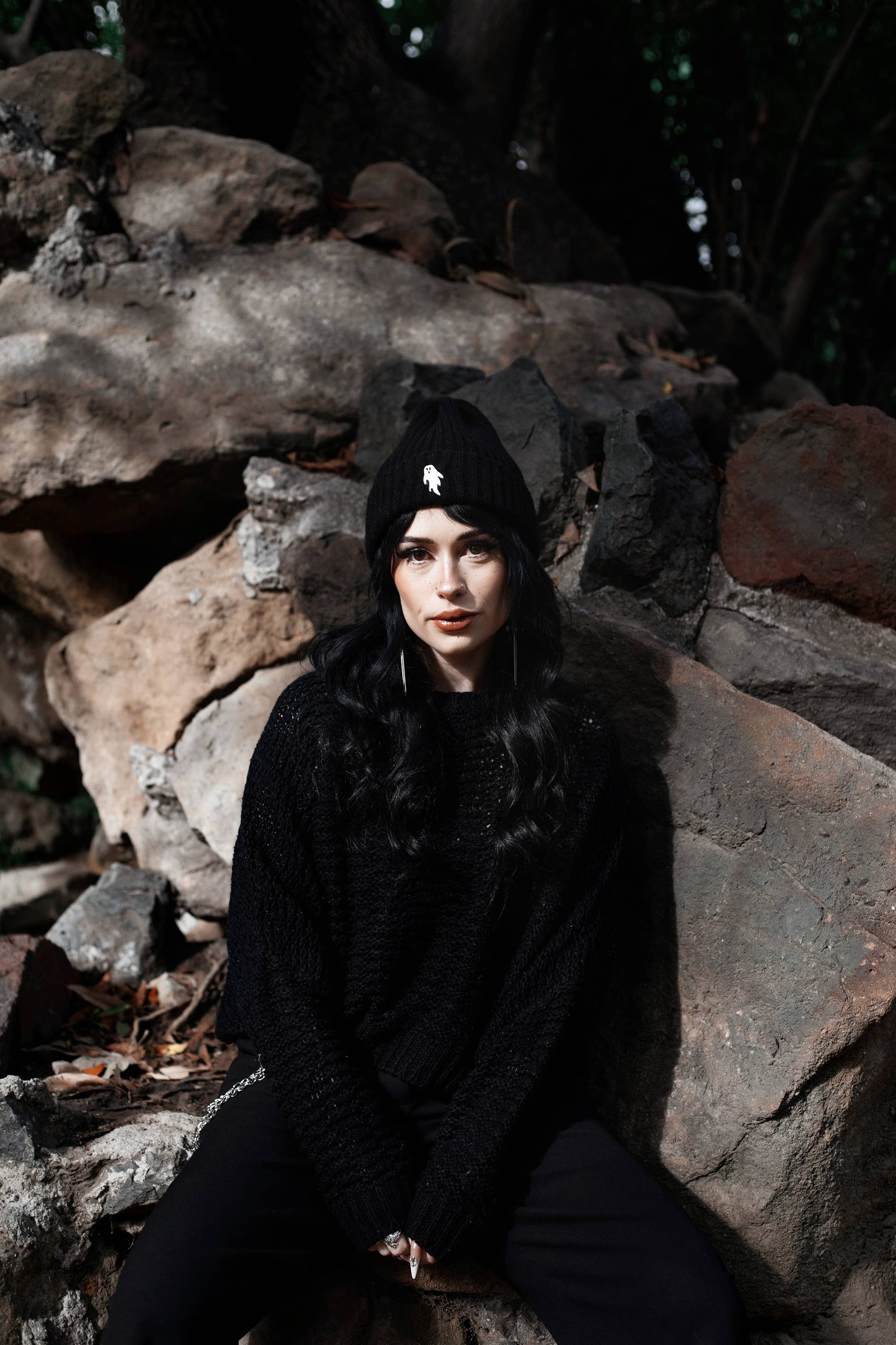 Midnight Black | Ghostie Embroidered Knit Beanie