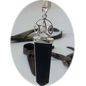 Moonstone & Black Tourmaline Triple Moon Pentacle Pendant