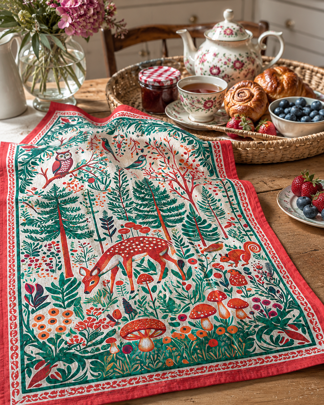 Tea Towel Folk Forest Art