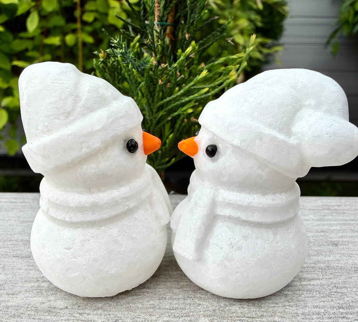 Natural Snow Quartz Snowman Carving with Obsidian Eyes
