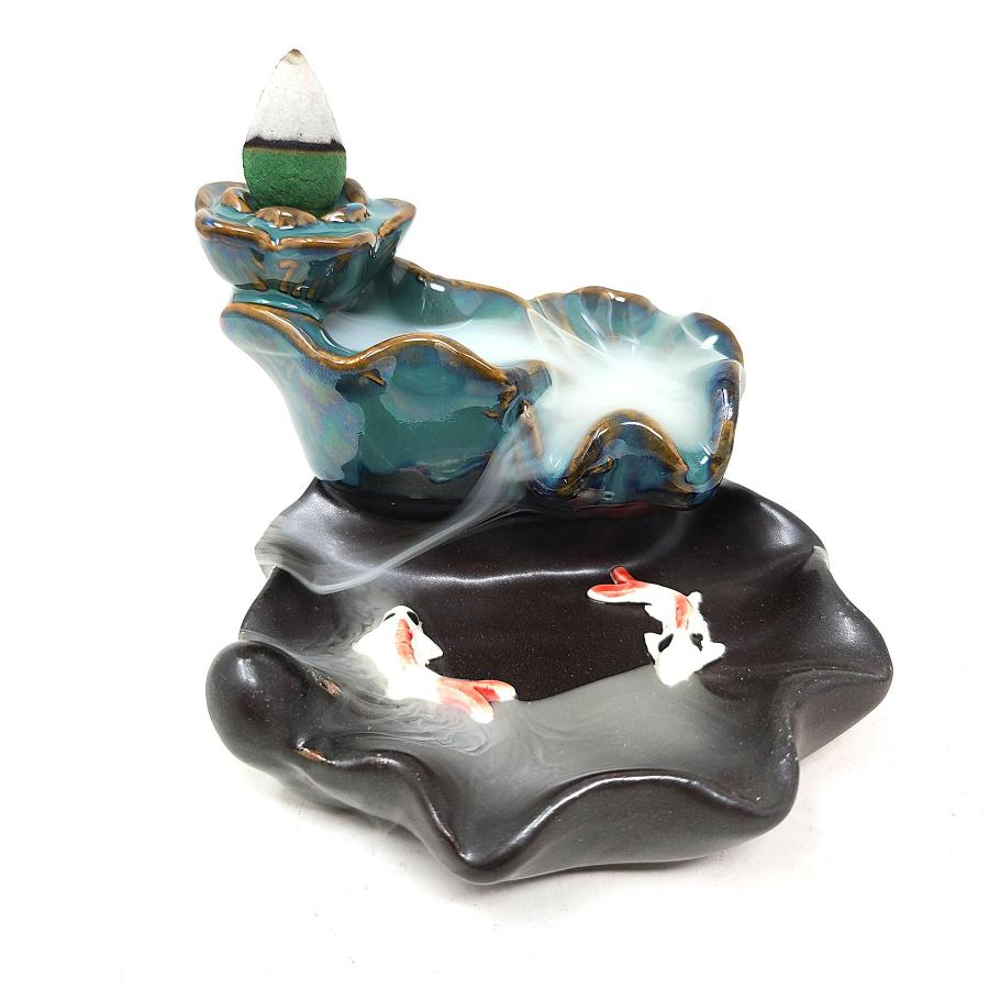 Lotus Waterfall Koi Design #2 Backflow Cone Incense Burner 4"W x 3"H