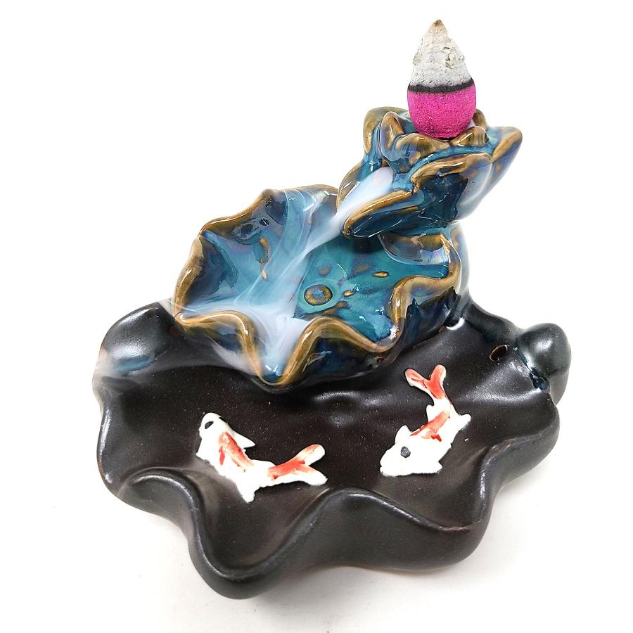 Waterfall Koi Design Backflow Cone Incense Burner 3.75"W x 3"H