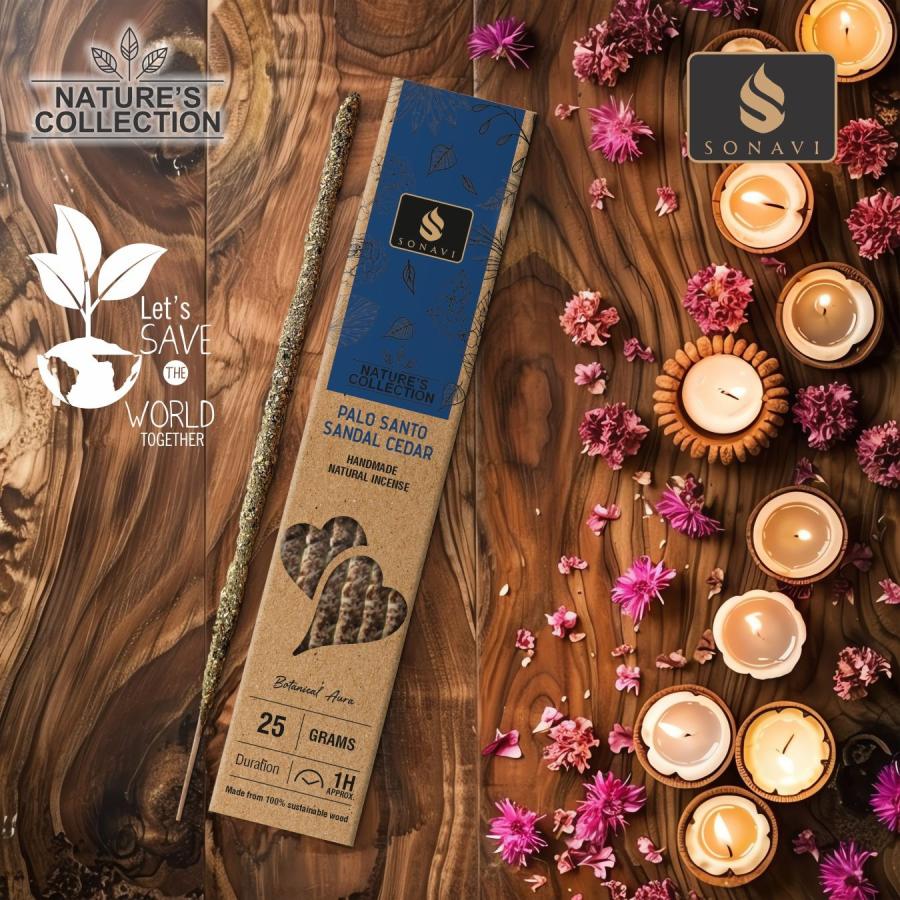 SONAVI Palo Santo, Sandalwood &amp; Cedar Incense Sticks – All-Natural Aromatic Blend | 25g Handcrafted Incense