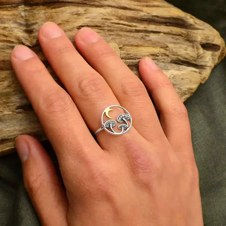 Sterling Silver Mushroom Ring with Bronze Moon