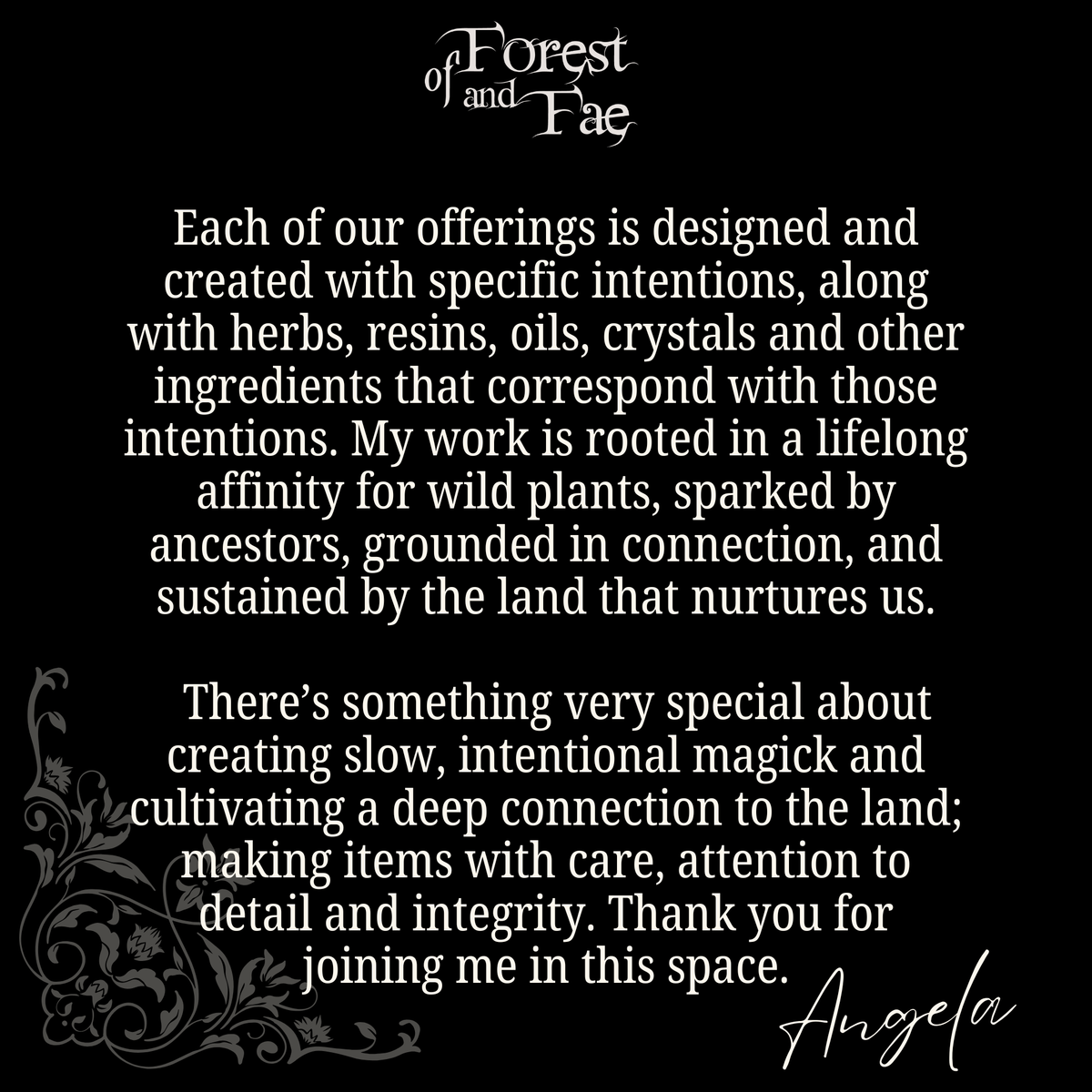 Forest and Fae maker's note signed Angela about slow, intentional handmade offerings