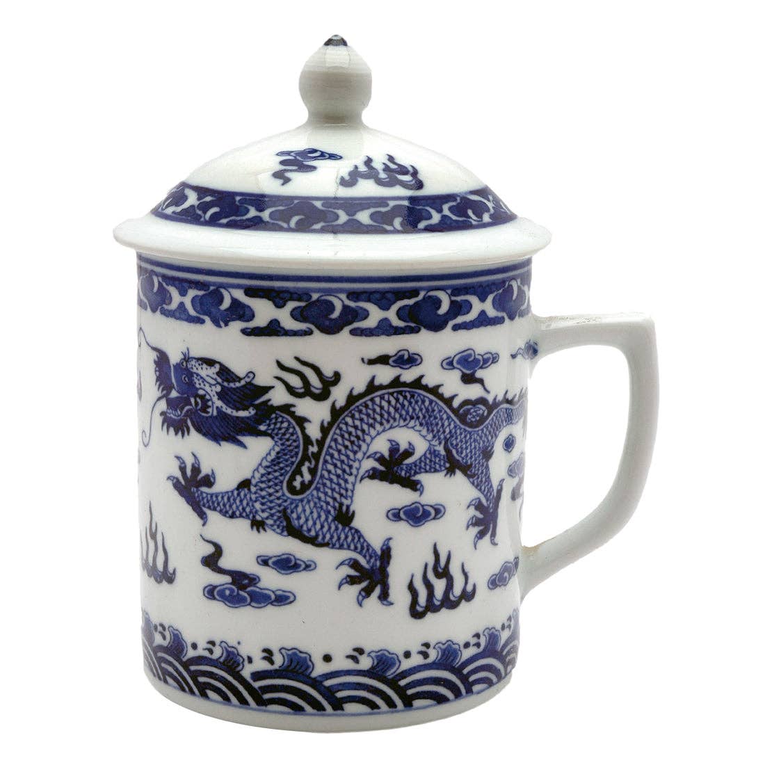 Blue &amp; White Dragon Print Mug With Lid