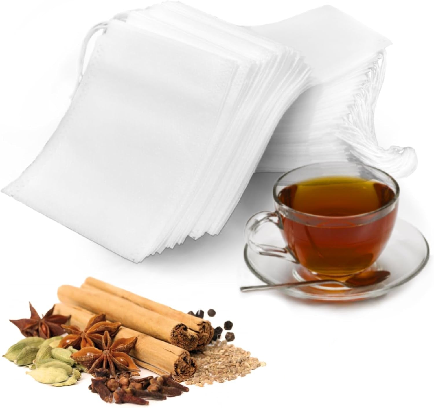 Tea bags, a cup of tea, and various spices on a white background
