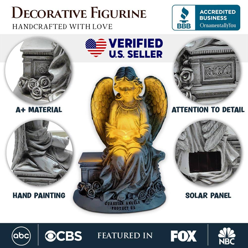 Guardian Angel Reading Book Garden Statue, 10" Solar Powered