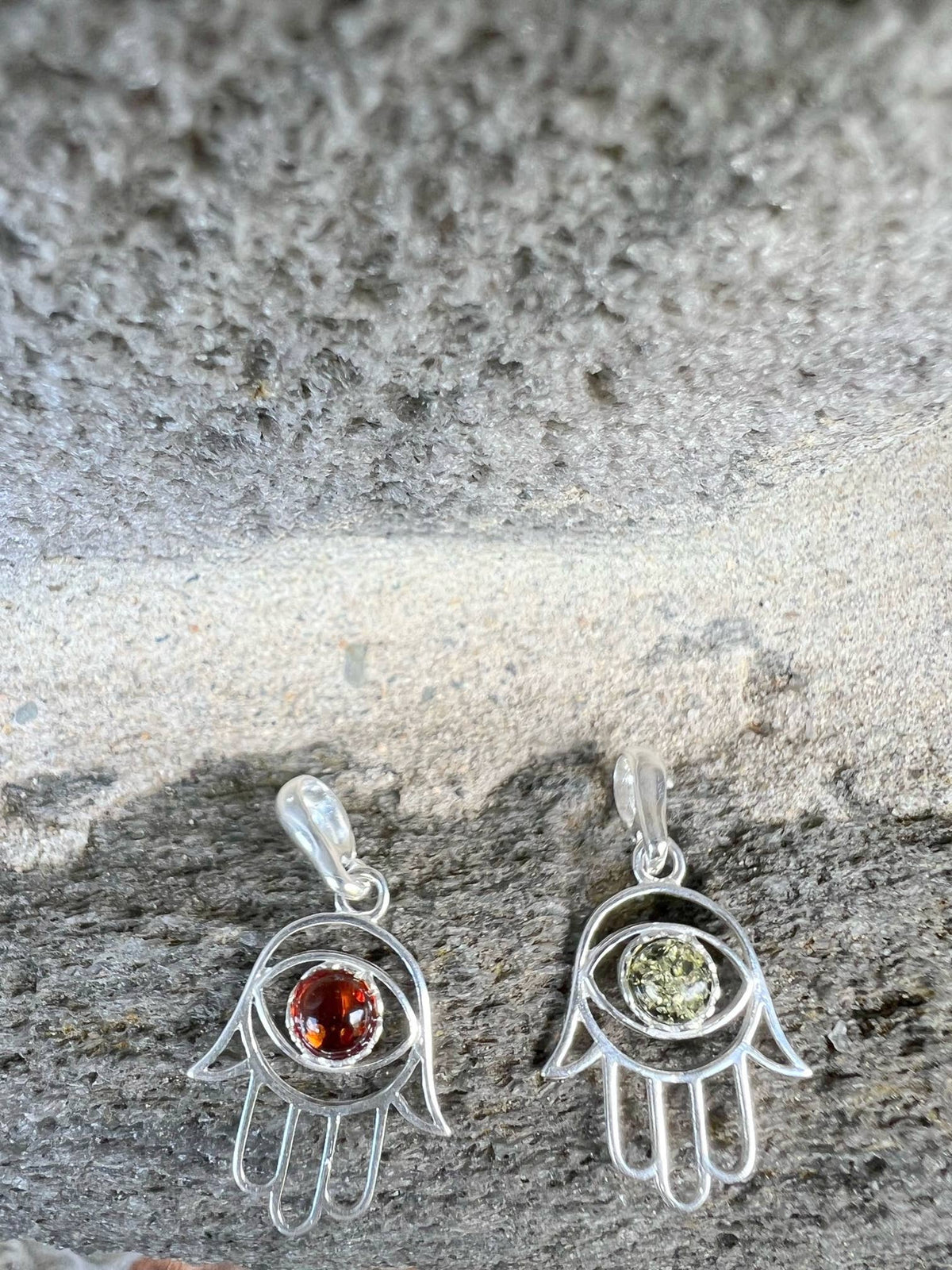 Hamsa Evil Eye Protection Amber Sterling Silver Pendant