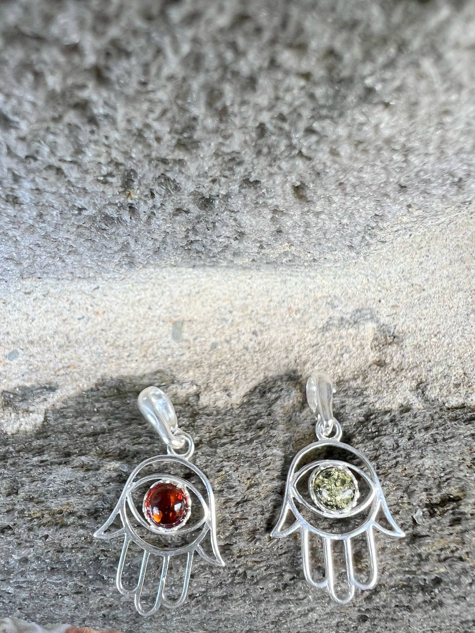 Hamsa Evil Eye Protection Amber Sterling Silver Pendant