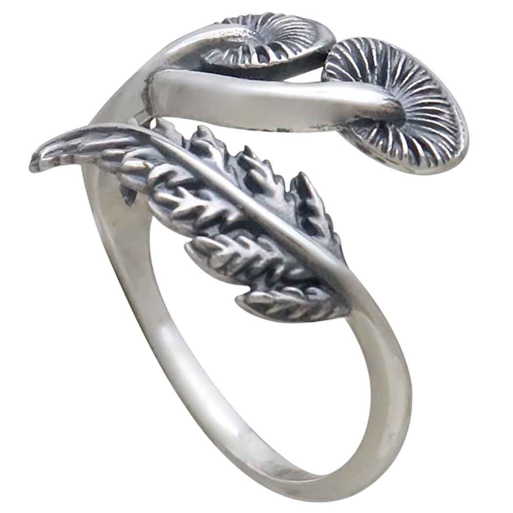 Sterling Silver Mushroom and Fern Bypass Ring