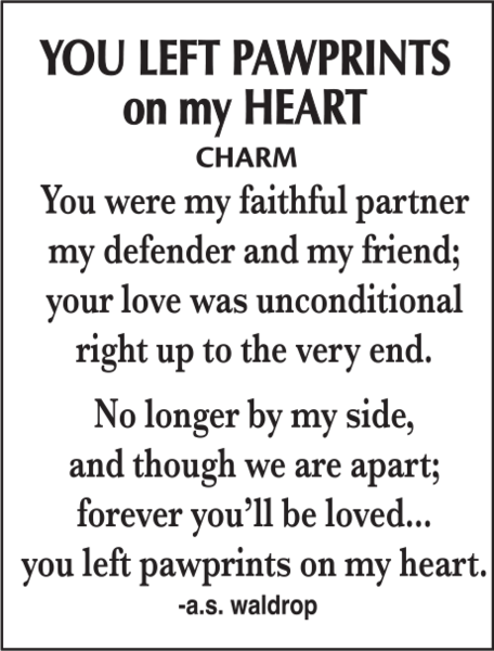 Pet Memorial Charm - "You Left Pawprints on my Heart"