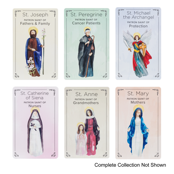 Set of cards featuring various saints with their patronages on a white background.