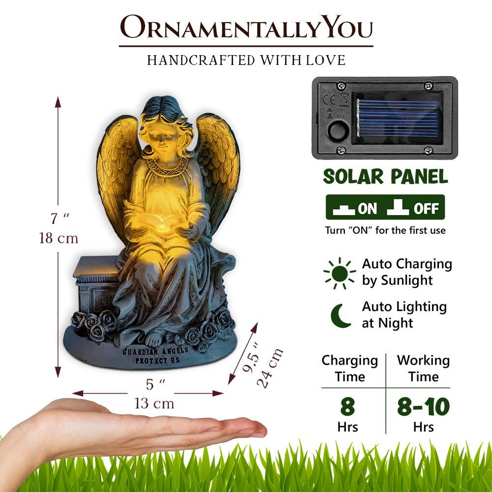 Guardian Angel Reading Book Garden Statue, 10" Solar Powered
