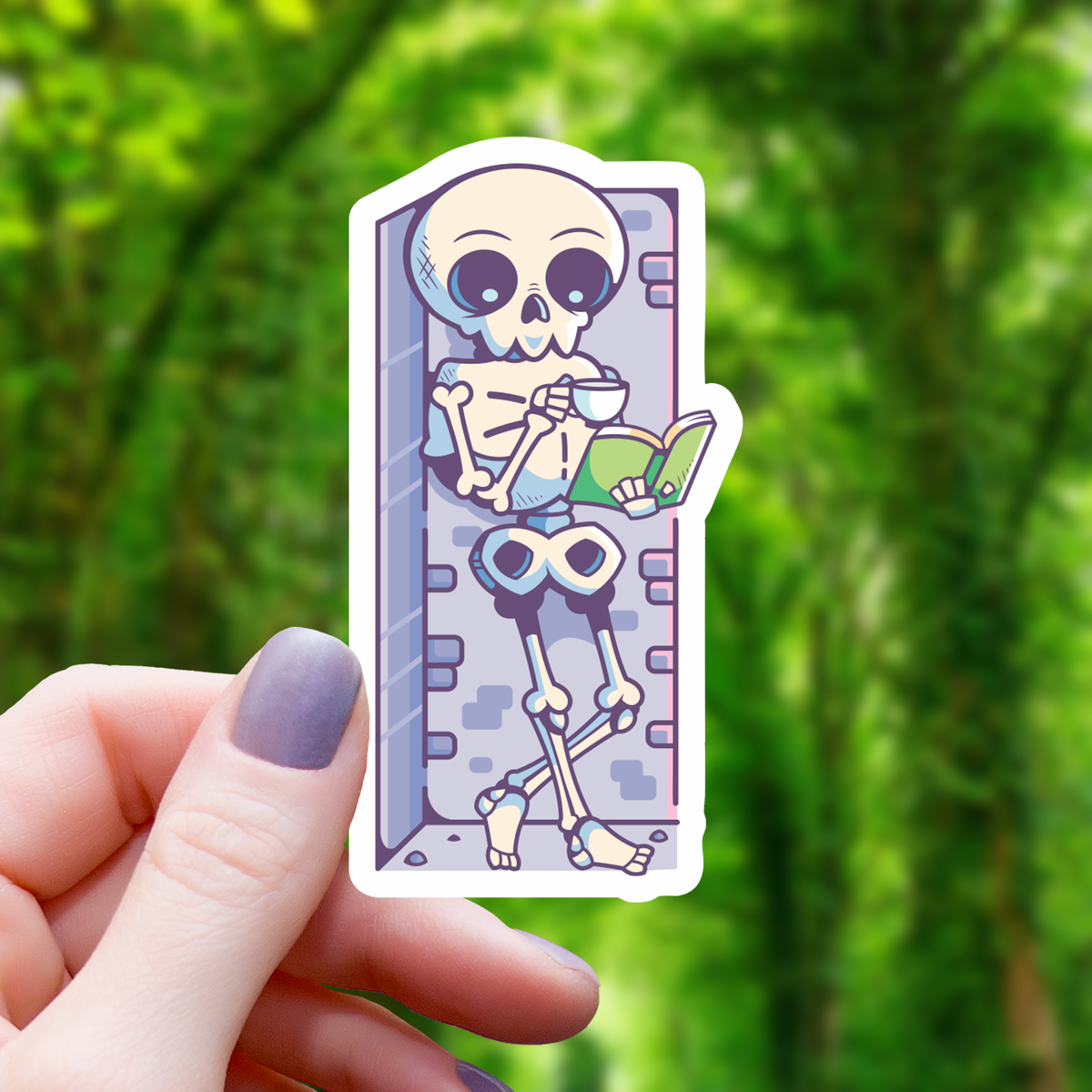 Chilling Skeleton Reading a Book Sticker - 3"