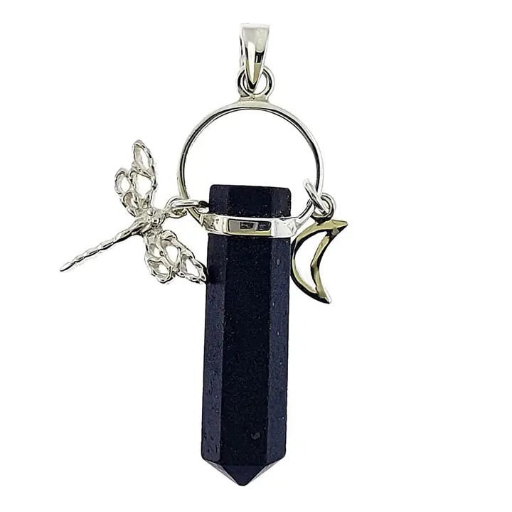 Black Tourmaline point Pendant with Dragonfly and Moon