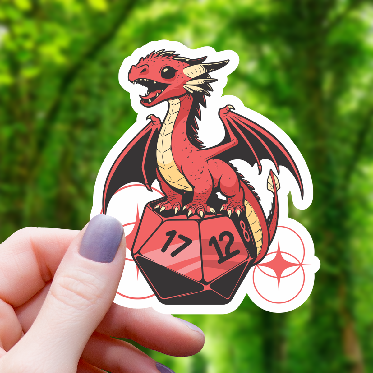 Red Dragon Perched on D20 Sticker - 3&quot;