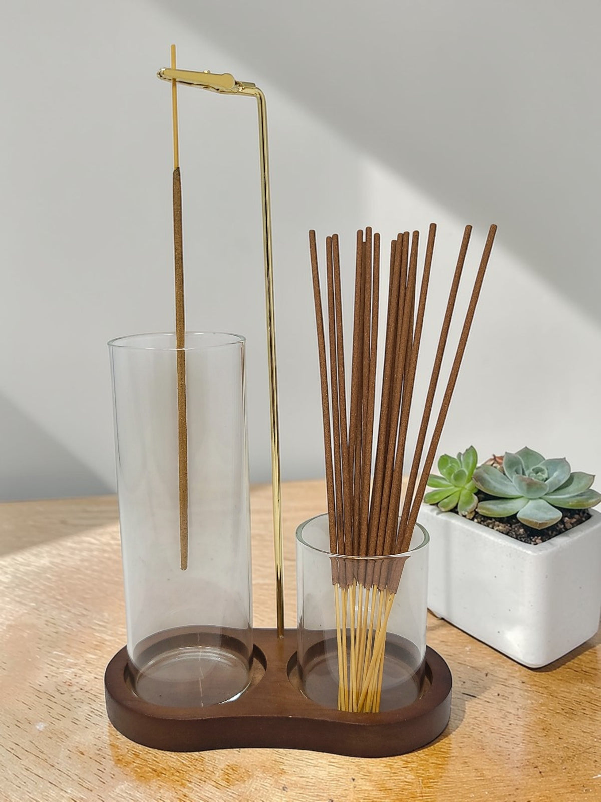 Upside Down Incense Burner with Wood Base &amp; Glass Catcher