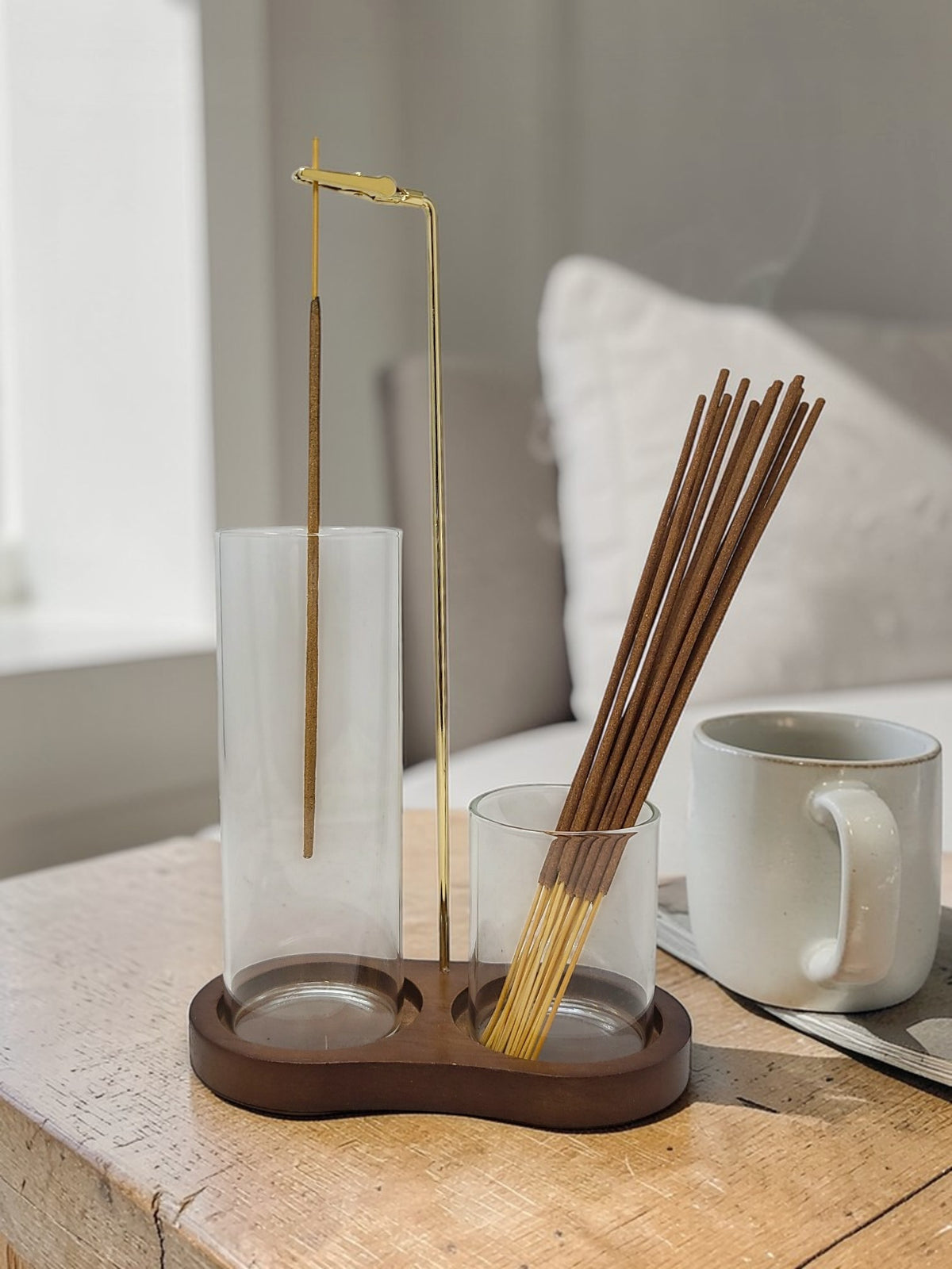 Upside Down Incense Burner with Wood Base & Glass Catcher