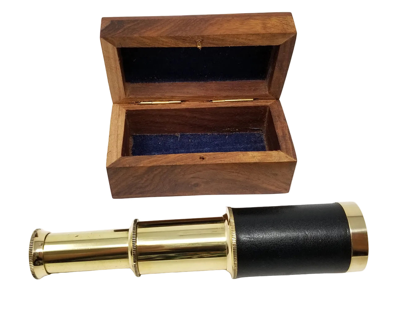 Vintage brass telescope with wooden box on a white background