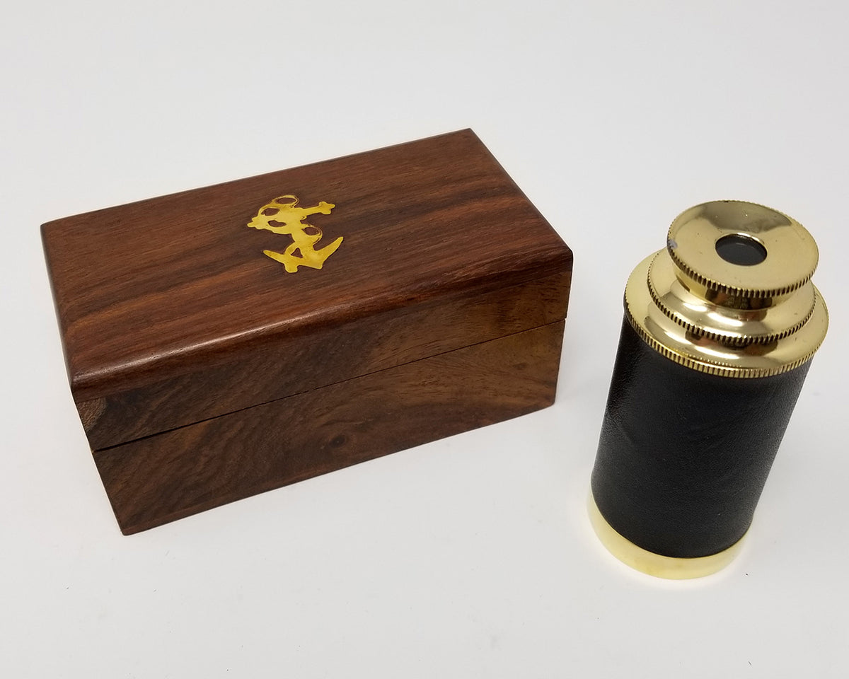 Brass Telescope with Inlaid Wooden Box – Functional Vintage Spyglass | Collapsible Navigation Gift & Home Décor