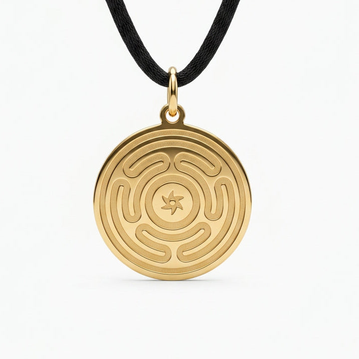 Hecate’s Wheel Strophalos Pendant Necklace – Goddess Symbolism & Witchy Style | Gold Tone